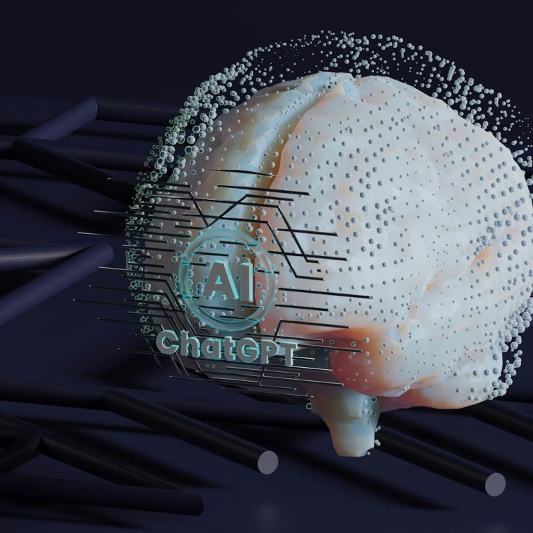 Künstliche Intelligenz und Innovation Kunstvolle Darstellung eines Gehirns mit digitalen Netzwerkmustern und dem Logo von ChatGPT.